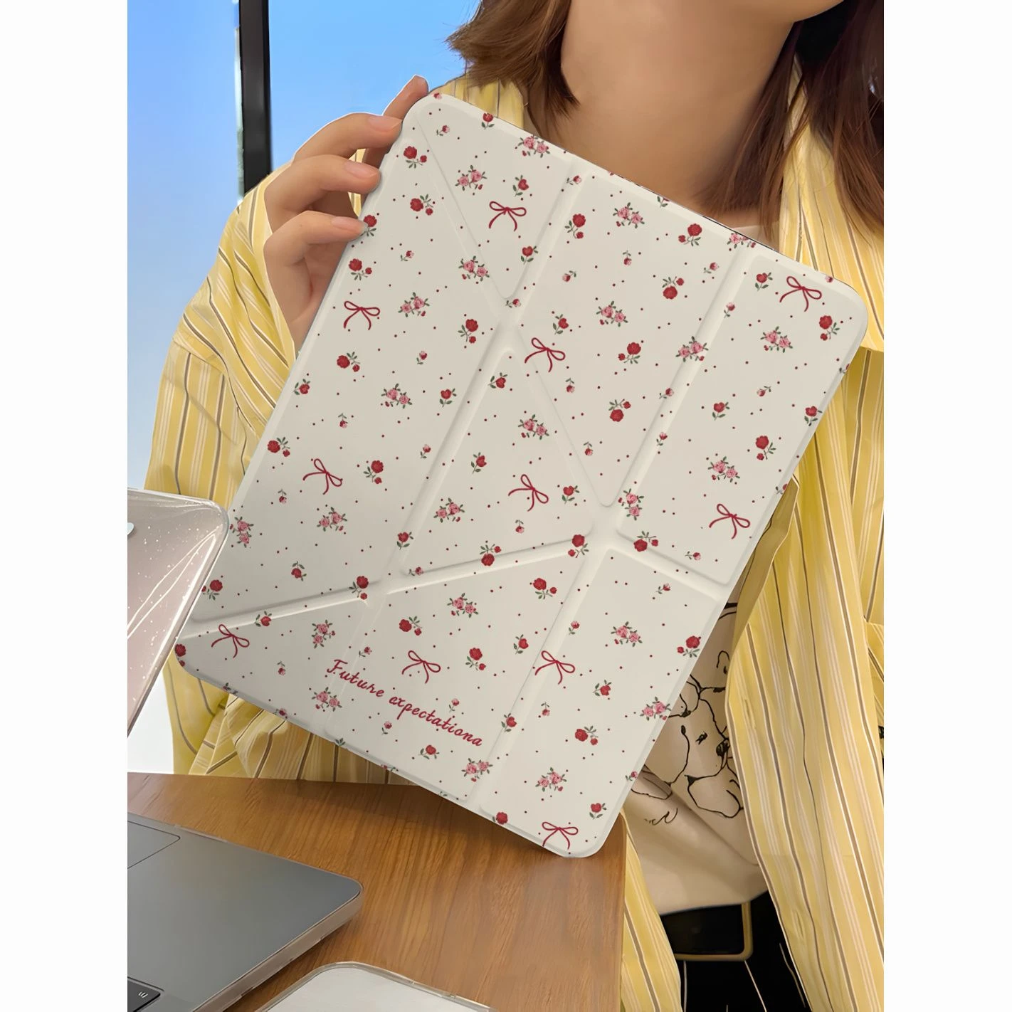Ins Red Rose Bow Tablet Case For iPad Pro 11 12.9 13 A16 M2 M4 M3 M5 Shell 8.3 9.7 10.2 5/6/7/8/9/10/11th Mini Air 3 4 5 Cover