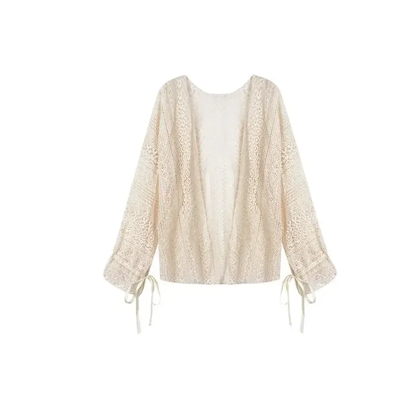 

Версия, тонкие стильные полые экстравагантные топы, модные женские летние однотонные универсальные кардиганы, дизайн, кружево средней длины