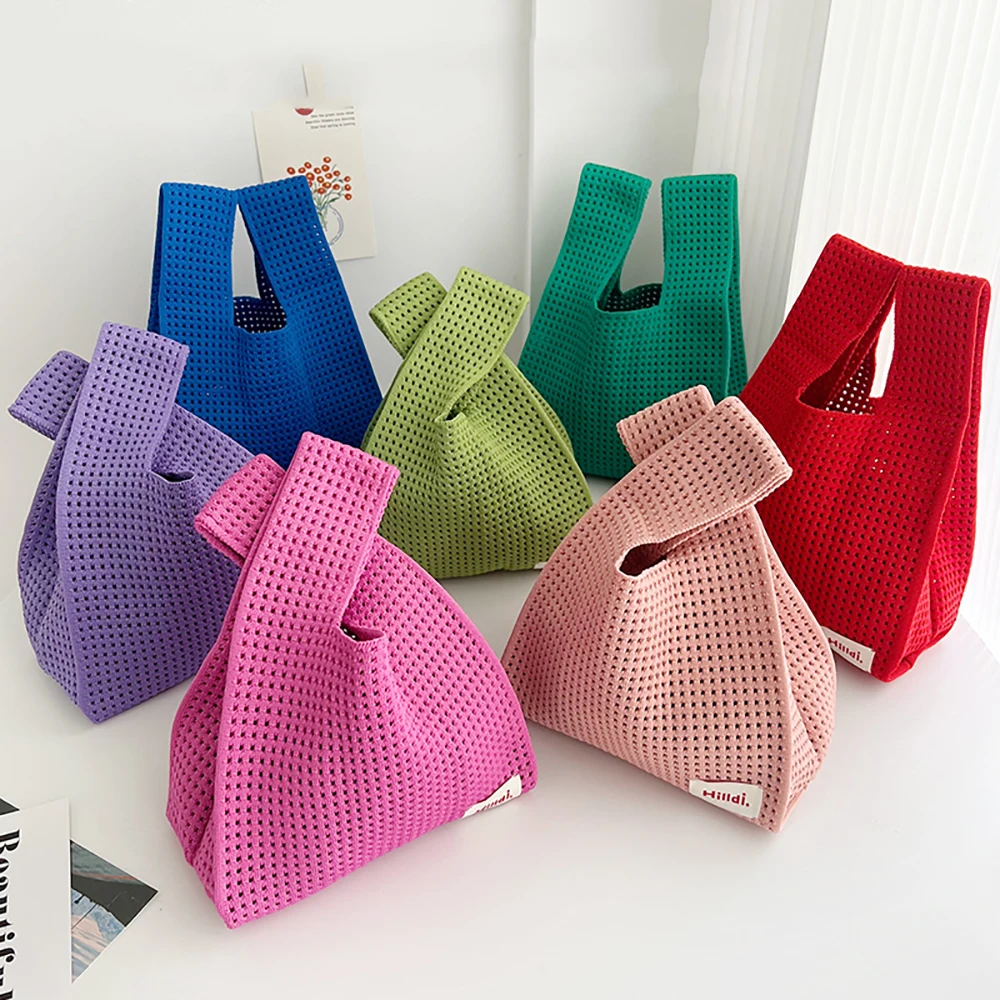 Handmade Knit Handbag Women Mini Knot Wrist-bag Female Casual Color Wide Stripe Plaid Tote Bag Student Reusable Shopping Bag