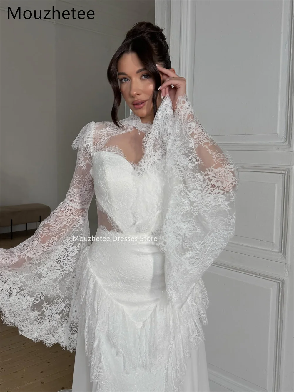 Mouzhetee Mermaid Elegant Long Sleeve Lace Wedding Dresses Simple Flare Sleeve Brides Gown Custom Made 2026