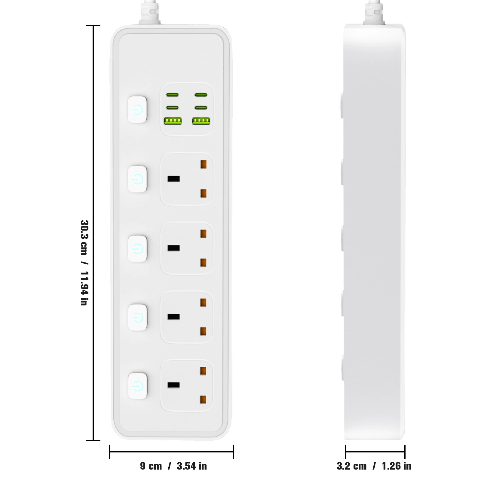 UK plug power strip with 4 AC sockets USB Type-C port independent switch controlled power socket 2m cable surge protector