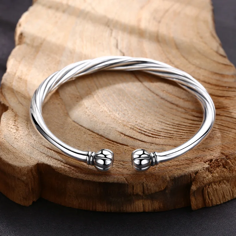 S925 Sterling Jewelry Handmade Twisted Rope Bracelet Vintage Thai Silver Open Bangle