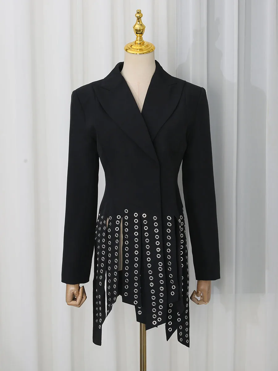 TWOTWINSTYLE Fashion Lapel Collar Blazer Jacket for Women Long Sleeve Metal Eyelet Fringe Irregular Hem Wrap Solid for Autumn