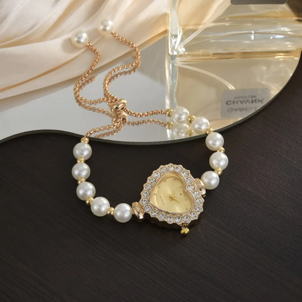 

Модные часы-браслет в форме сердца, кварцевые часы с жемчугом и бриллиантами, регулируемая цепочка, подарок, женские часы, украшение для запястья