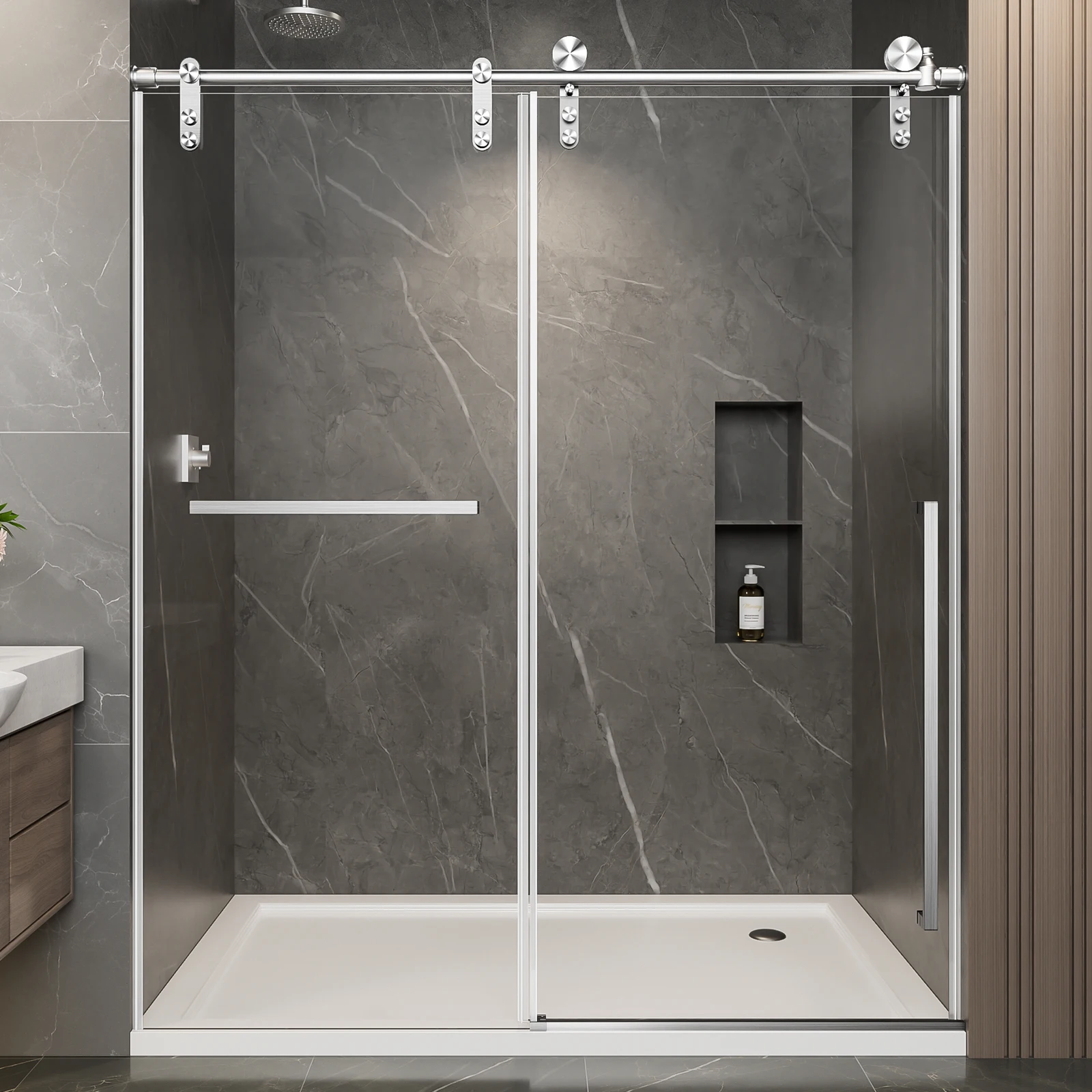 

56"-60" W x 75" H Frameless Sliding Shower Door, Brushed Nickel Shower Screen, 5/16" (8mm) Clear Tempered Glass With Explosion-p