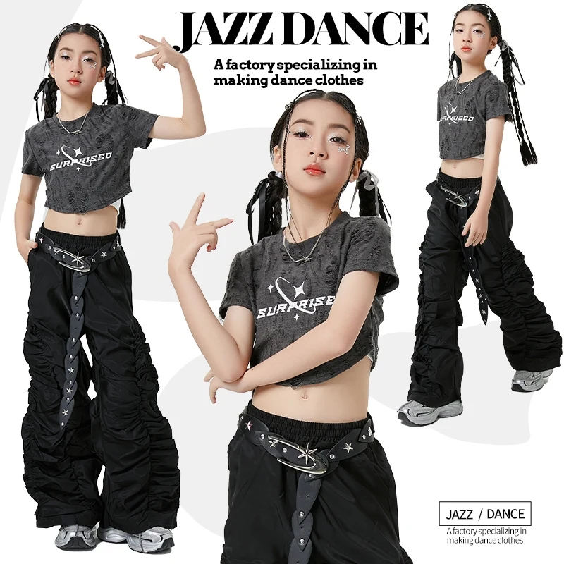 

2025 Modern Jazz Dance Costumes For Girls Group Crop Tops Loose Pants Streetwear Children Hip Hop Performance Clothes DQS19123