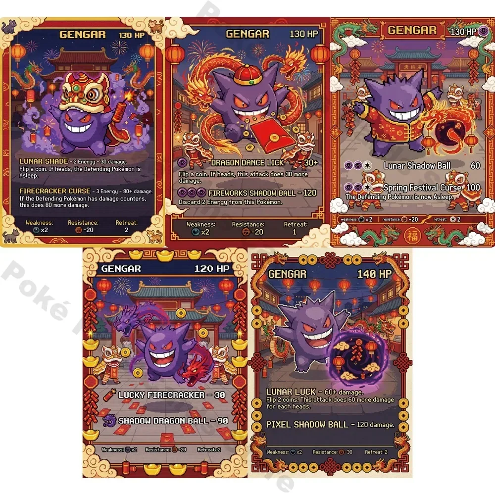 5Pcs PTCG PTCG Cards Gengar Pixel Chinese New Year Game Flash Rainbow Cards Anime Cartoon Game Collection PTCG Cards Gift