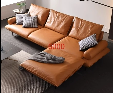 

Italian minimalist leather sofa simple modern living room row three people 2023 new first layer cowhide down sofa