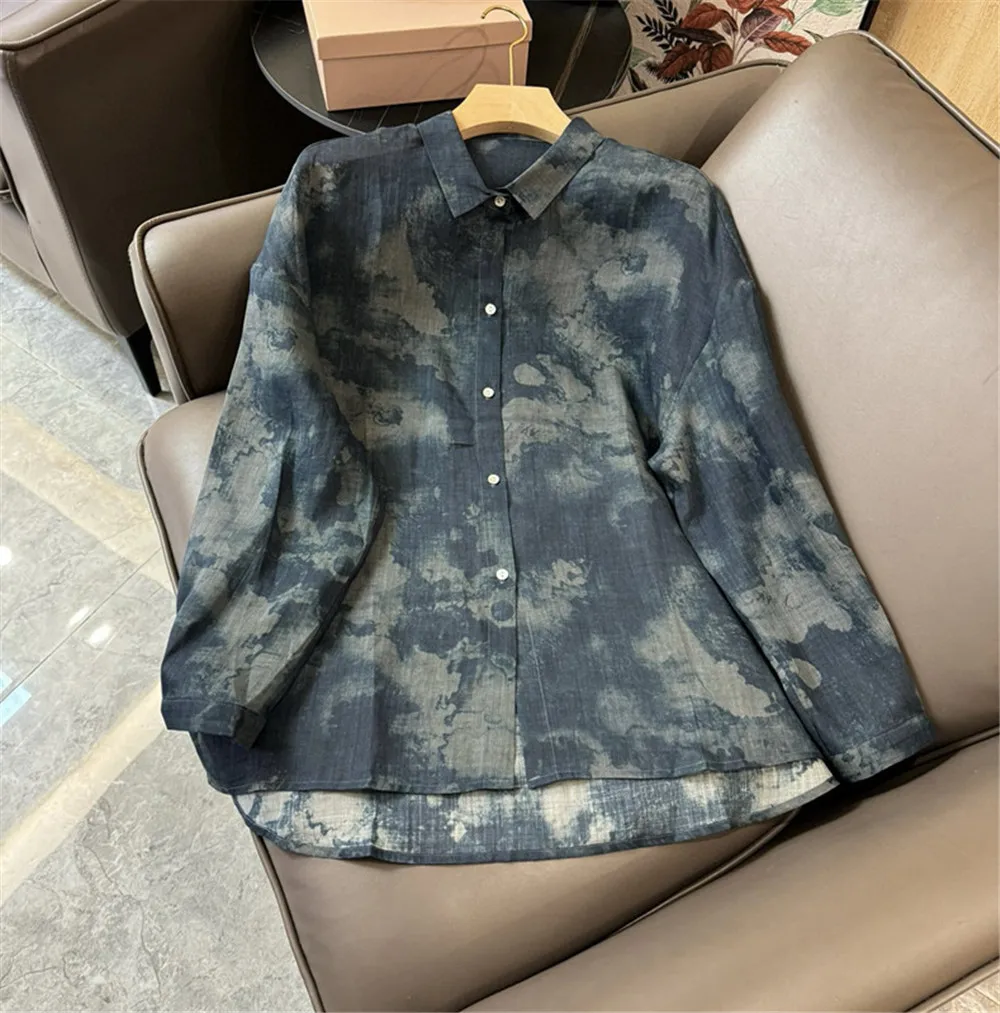 l*p New Women's Print Shirt Linen  Sun Protection Long Sleeve Shirts Turn-Down Collar Blouse Woman's Clothing 3 colours