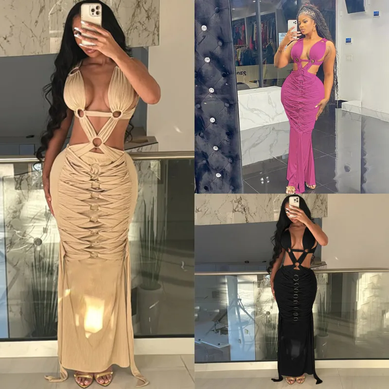 

Fashionable Sexy Hollowed Out V-neck Party Women's Dress 2024 Summer High Waisted Slim Fit And Perforated Spicy Girl Long Dress