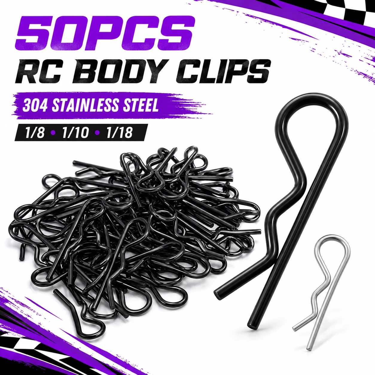 50Pcs 304 Stainless Steel RC Car Body Clips R Pins Shell Buckle for 1/8 1/10 1/18 Truck Buggy Crawler Body Post Kit Black Silver