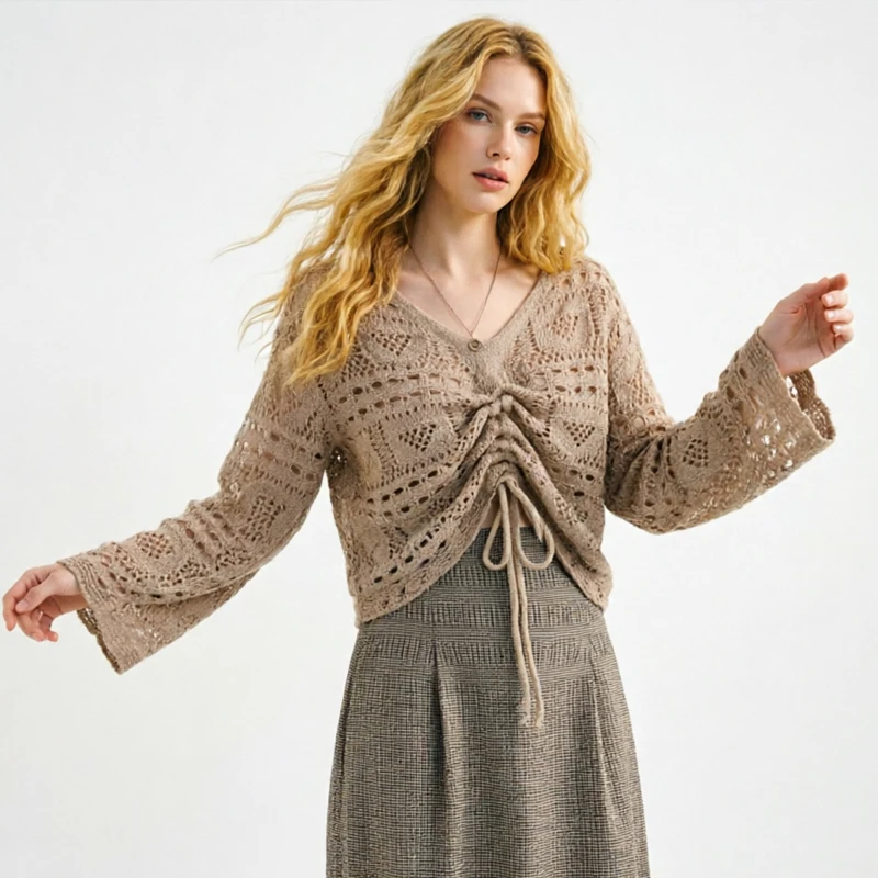 

V-neck Drawstring Hollow Out Knitted Blouse New Fashion Elegant Women Shirt Long Sleeved Sunscreen Casual Loose Solid Color Top