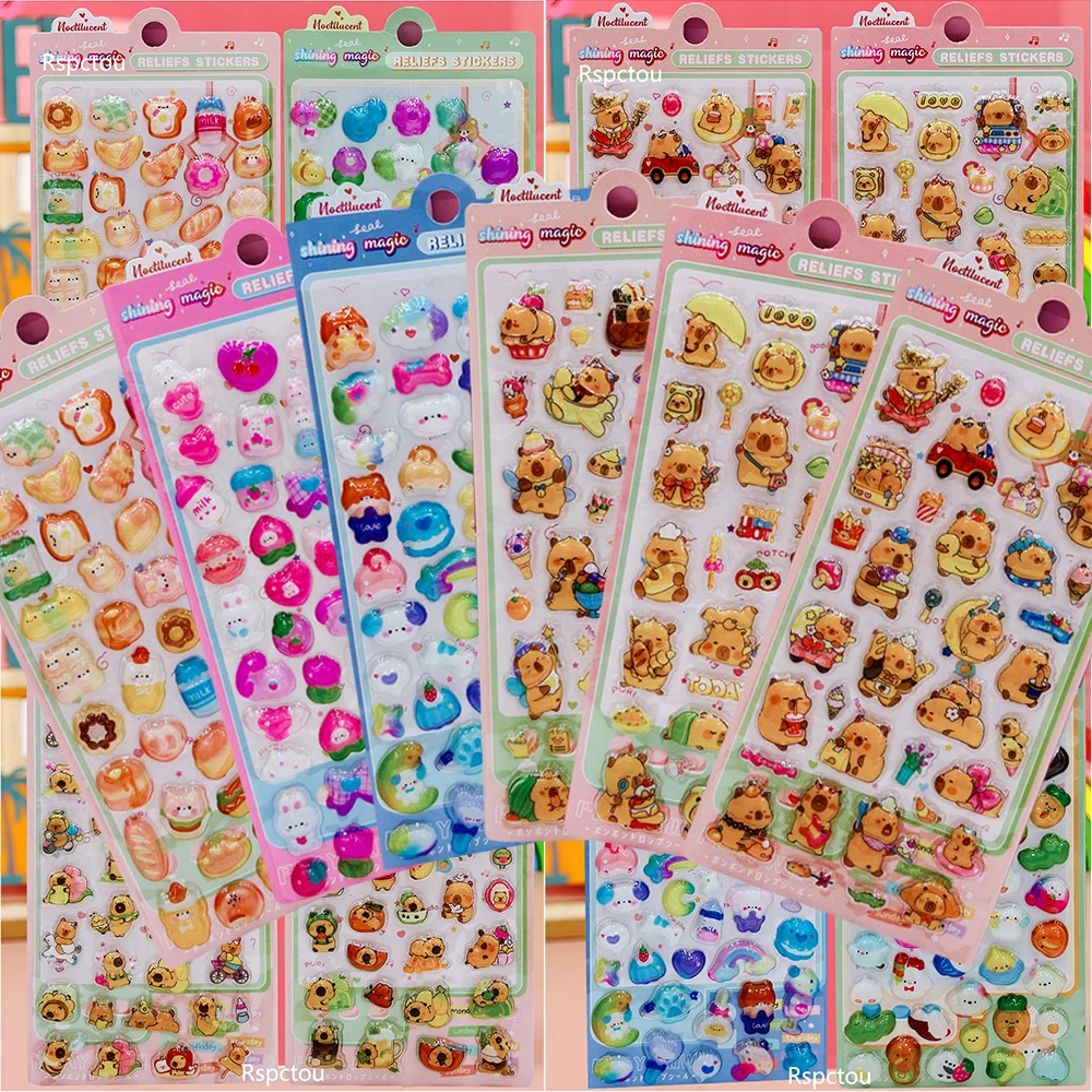 

6pcs Cute Vegetable Animal Capybara Relief Stickers Funny Cartoon 3D Puffy Reward Sticker Luggage Phone Fridge Decals Decoration