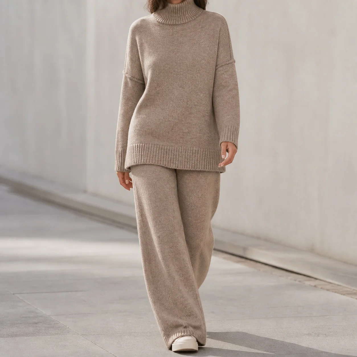 Women's Matching Sets Spring Turtleneck Sweater 2-Piece Set with Cropped Pleated Pants Casual Oversized Streetwear Outfit