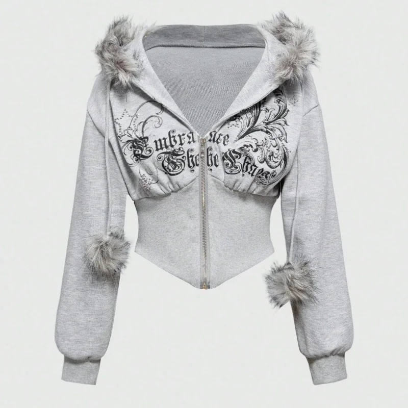 

Women 2026 American Retro Fur Collar Patchwork Sweatshirt Cardigan Cross Border Zipper Slim Waist Casual Short Jacket Top