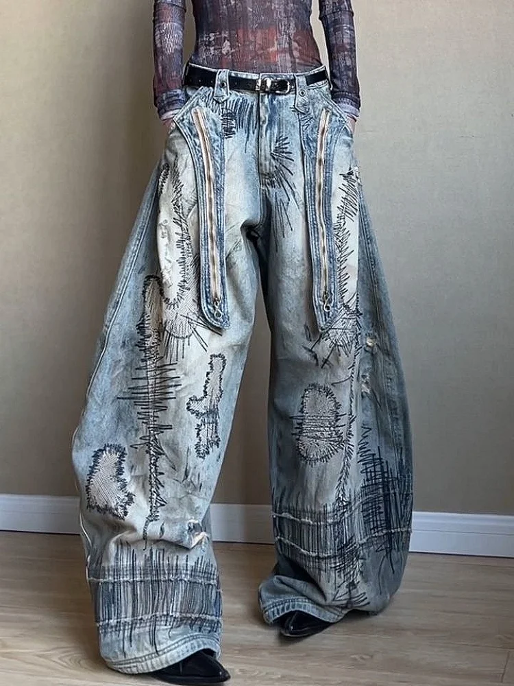 American Retro Washed Denim Jeans with Distressed and Printed Design, Loose and Wide-leg Streetwear Pants for Women