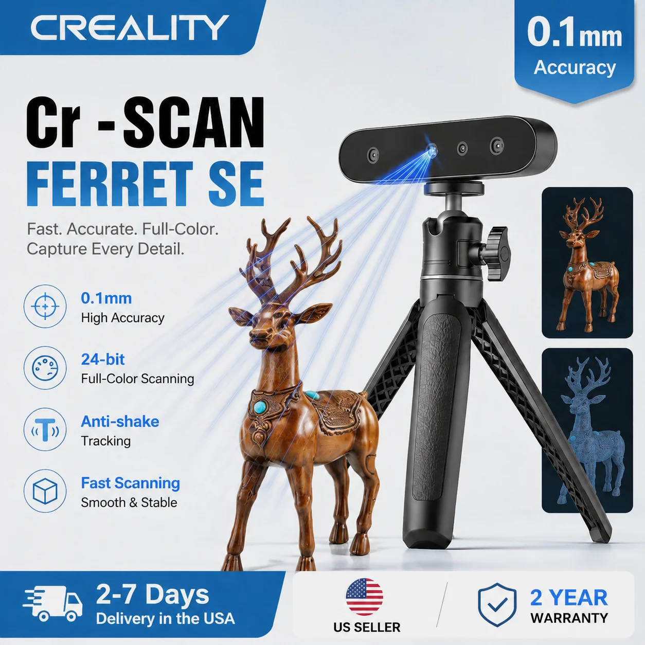 Creality CR-Scan Ferret SE 3D Scanner 0.1mm Accuracy 24-bit Full Color Handheld Scanner Anti-Shake Tracking for 3D Printing