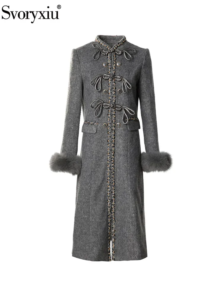 Svoryxiu Fashion Runway Winter Dark Grey Knee-Length Outerwear Women's Stand Collar Disc Buckle Fur Long Sleeve High Waist Coat