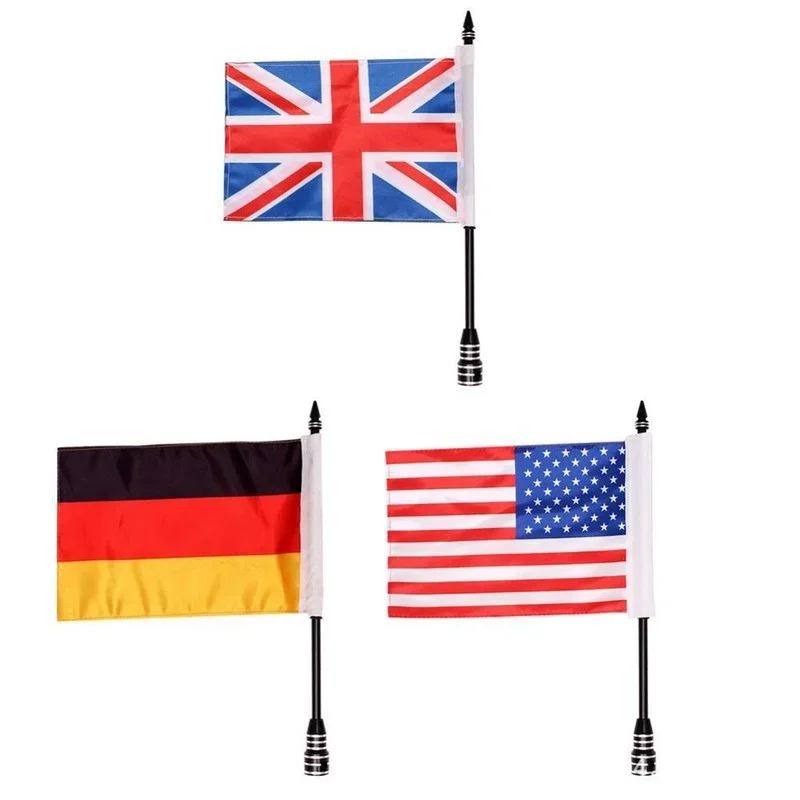 1Pc Motorcycle Chrome Rear Side Mount Flag Pole with USA Flag Britain Flag Germany Flag