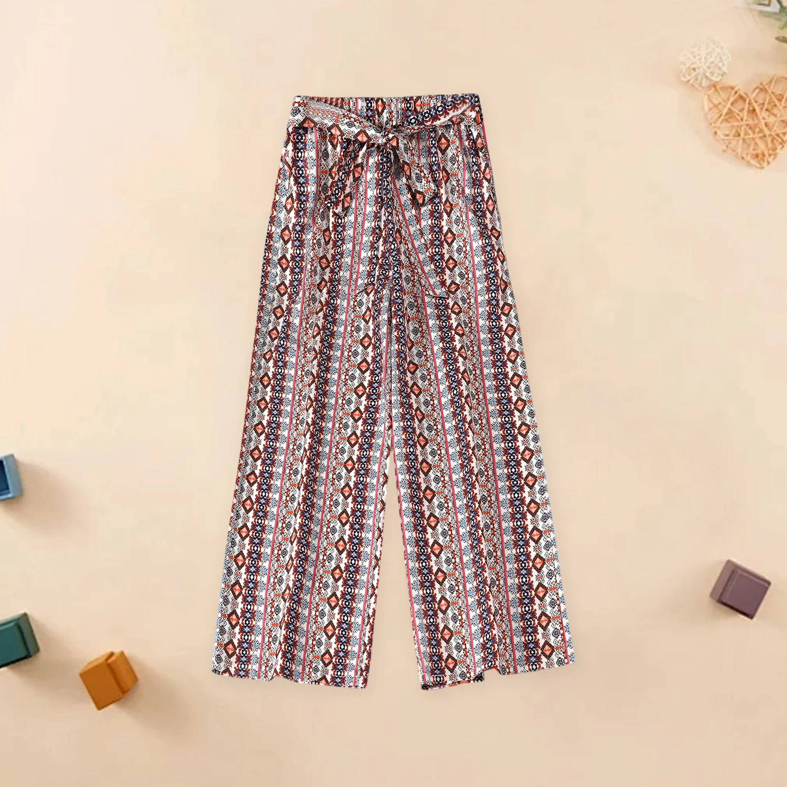 Pantalones con estampado bohemio para mujer, pantalones de pierna ancha indie folk, versátiles, informales, holgados, a la moda