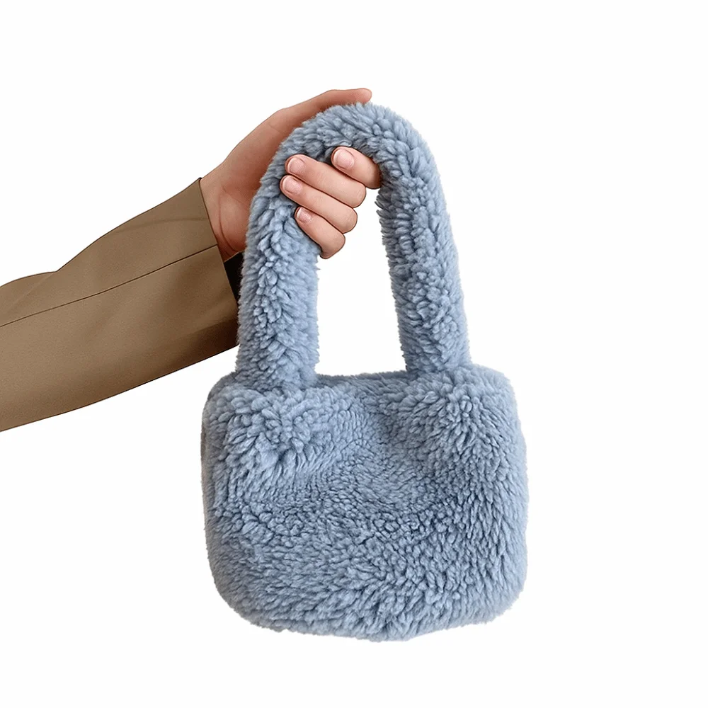 韓国風ふわふわ女性用ハンドバッグ、無地ソフトラムトートバッグ、ハンドル付きリストバッグ、デイリーバッグ