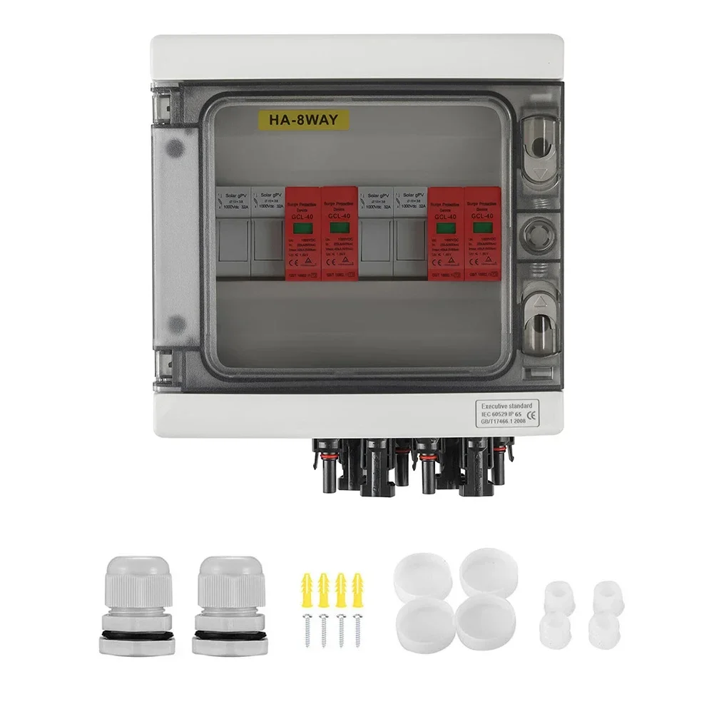 Solar Junction Box with Surge Protector  LS Switch  IP65 Waterproof  2 Strings  Transparent Doors  Fire Resistant