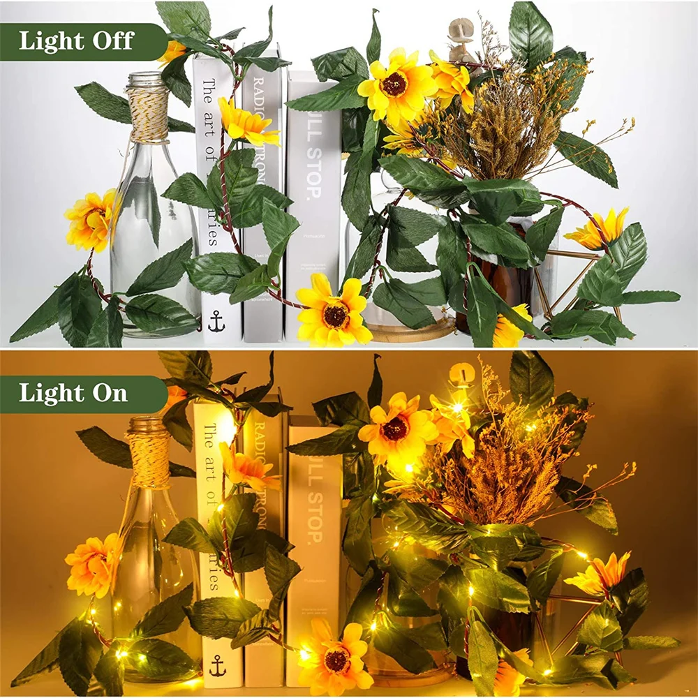 USB a pilhas girassol Fairy Lights, guirlanda de flores artificiais, luzes de corda para o jardim de Natal, decoração de casa, 20 LEDs