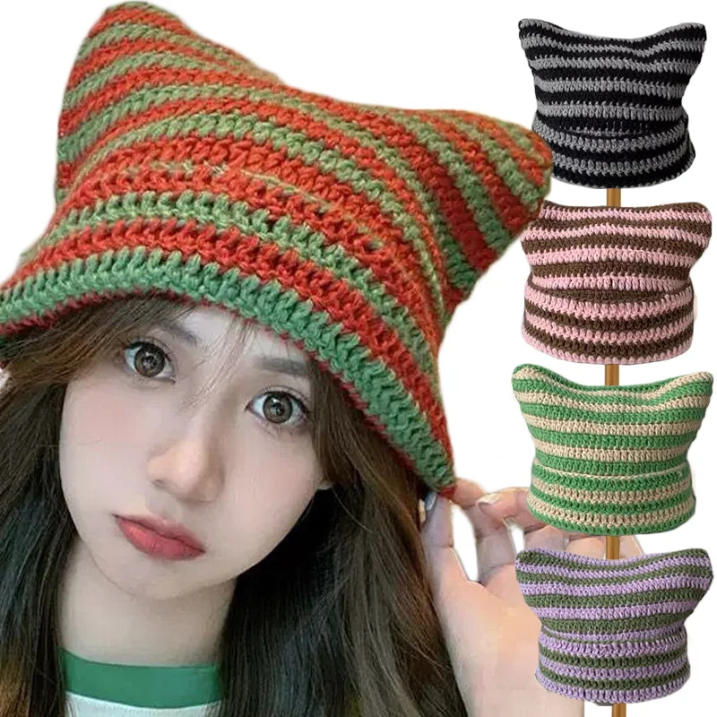 Y2K Winter Knitted Cat Ear Little Devil Hats Sweet Cool Girls Kawaii Designer Stripe Warm thick Hat Harajuku Beanies Female Caps