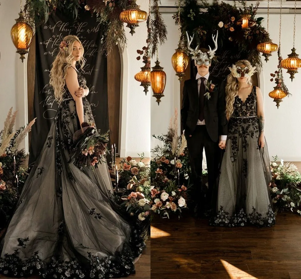 

Черное темное романтическое готическое свадебное платье по индивидуальному заказу с v-образным вырезом и 3D цветочным принтом в стиле бохо, деревенское маскарадное бальное свадебное платье, платья de novia