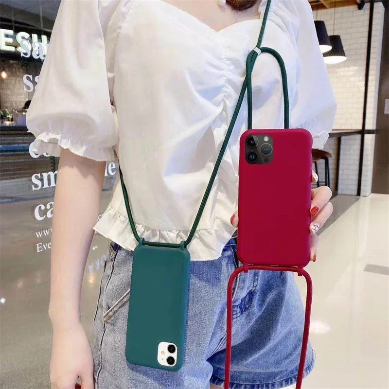 Crossbody Necklace Lanyard Cord Phone Case For iPhone 16 15 14 Plus 13 12 Mini 11 Pro XS Max XR X Silicone Soft TPU Back Cover