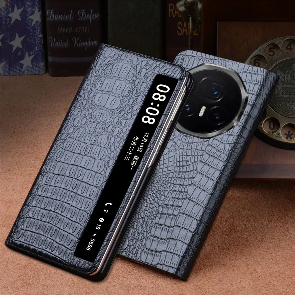 

Genuine Cowhide Leather Magnetic Flip Case for Honor Magic V5 Crocodile Lattice Pattern Business Smart Window View Full Cover