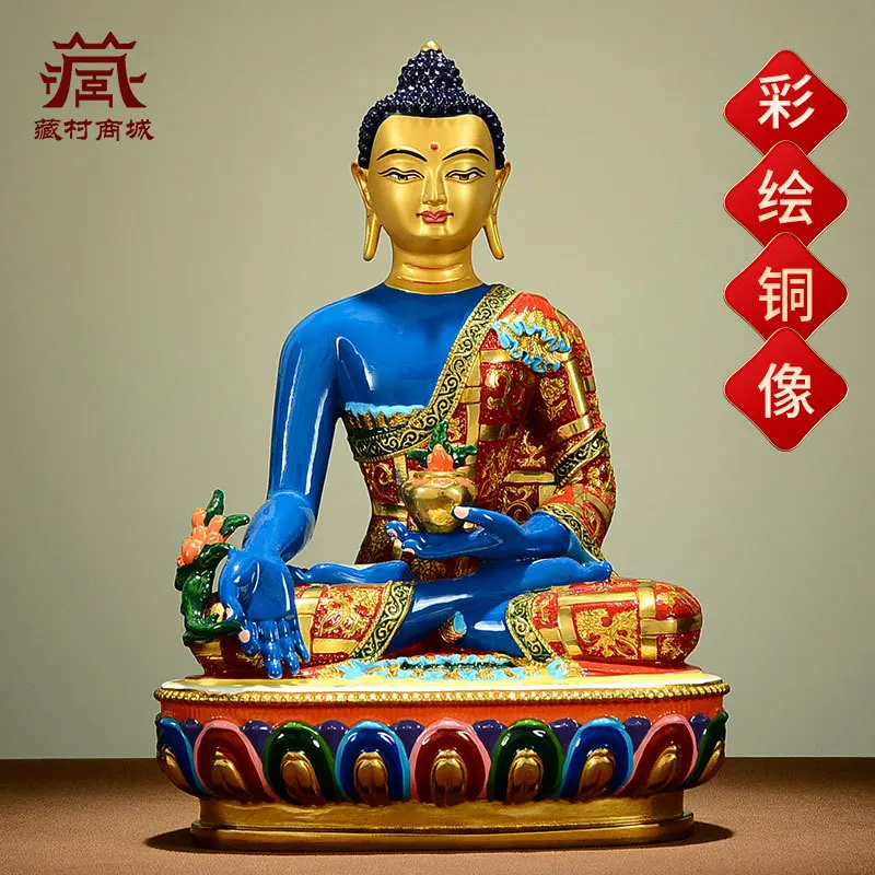 Taiwanese copper mineral-painted gilded Medicine Buddha ornament, Tibetan entranceway bronze statue