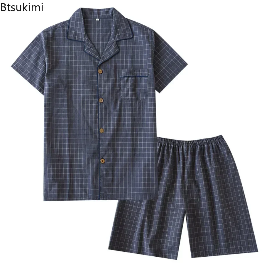 New Men\'s Casual Cotton Pajama Sets Japanese Style Plaid Thin Short Sleeve Tops+Shorts Homewear Suit Summer Men Simple Sleepwear