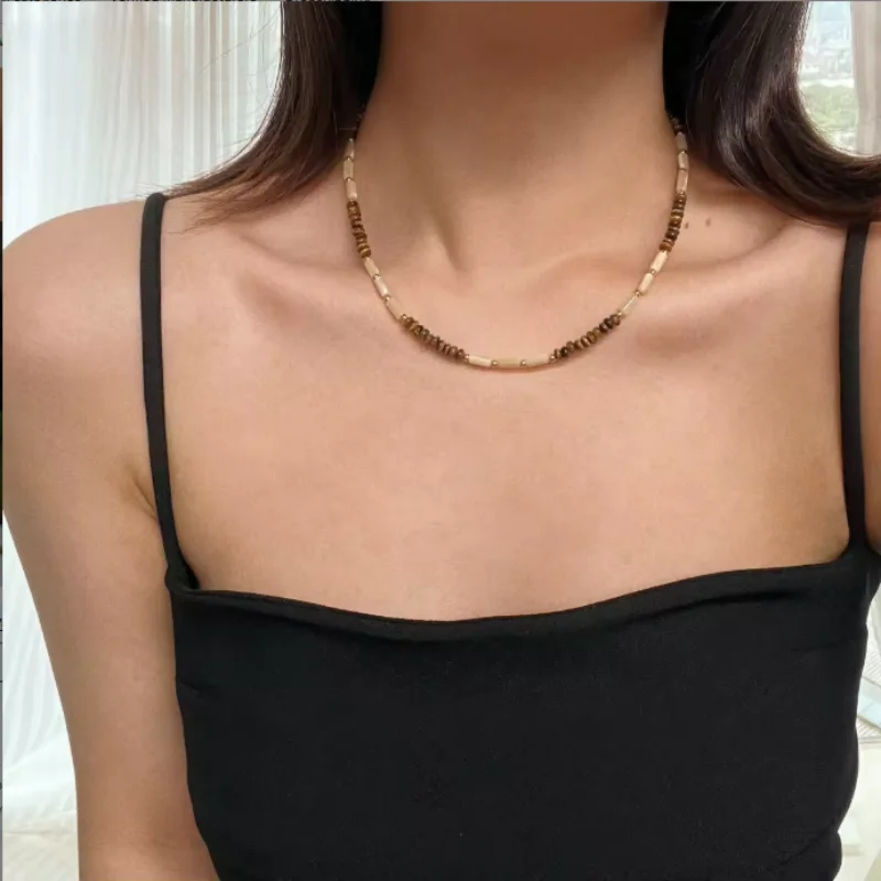 New Arrival Tiger Eye Calculate Beaded Necklace for Women Fashion INS Style with Stainless Steel Adjustable Shell Necklace Gift