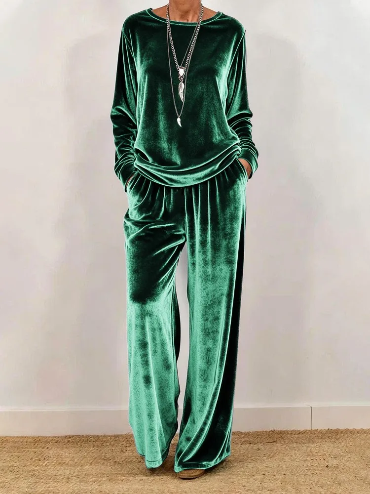 Elegant Women Solid Velvet Two Piece Set Autumn O-neck Loose Long Sleeve Tops Elastic Waist Wide Leg Pants Daily Casual Set