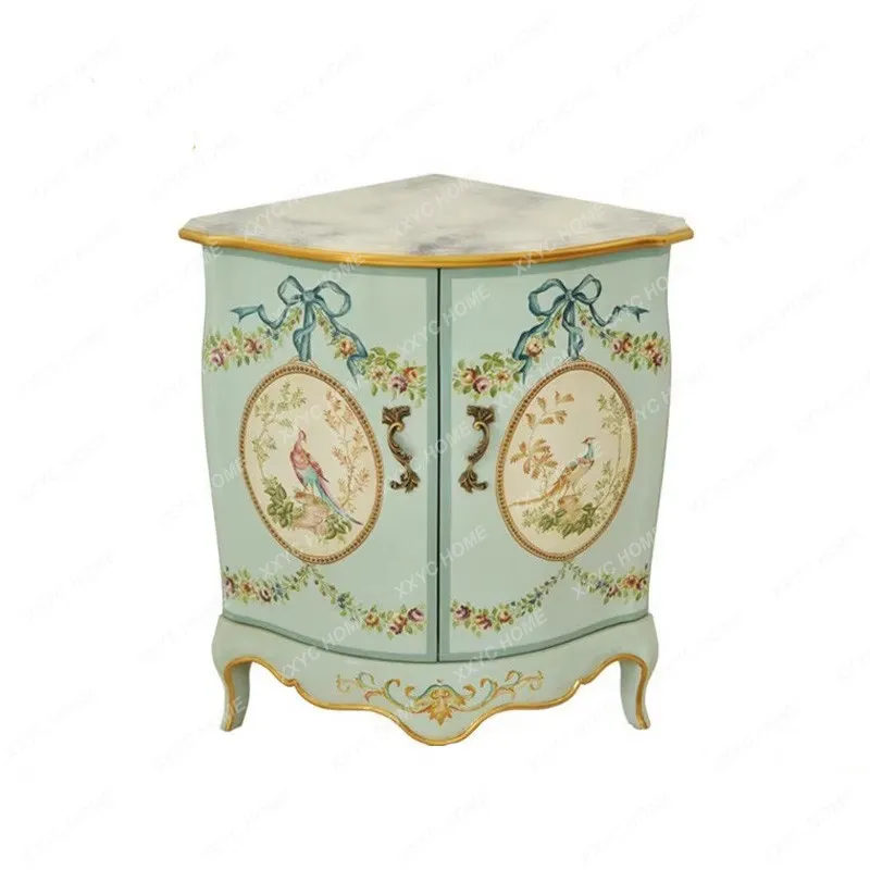 Corner cabinet luxury solid wood hand-painted blue 1 meter triangular side cabinet romantic living room foyer entrance cabinet
