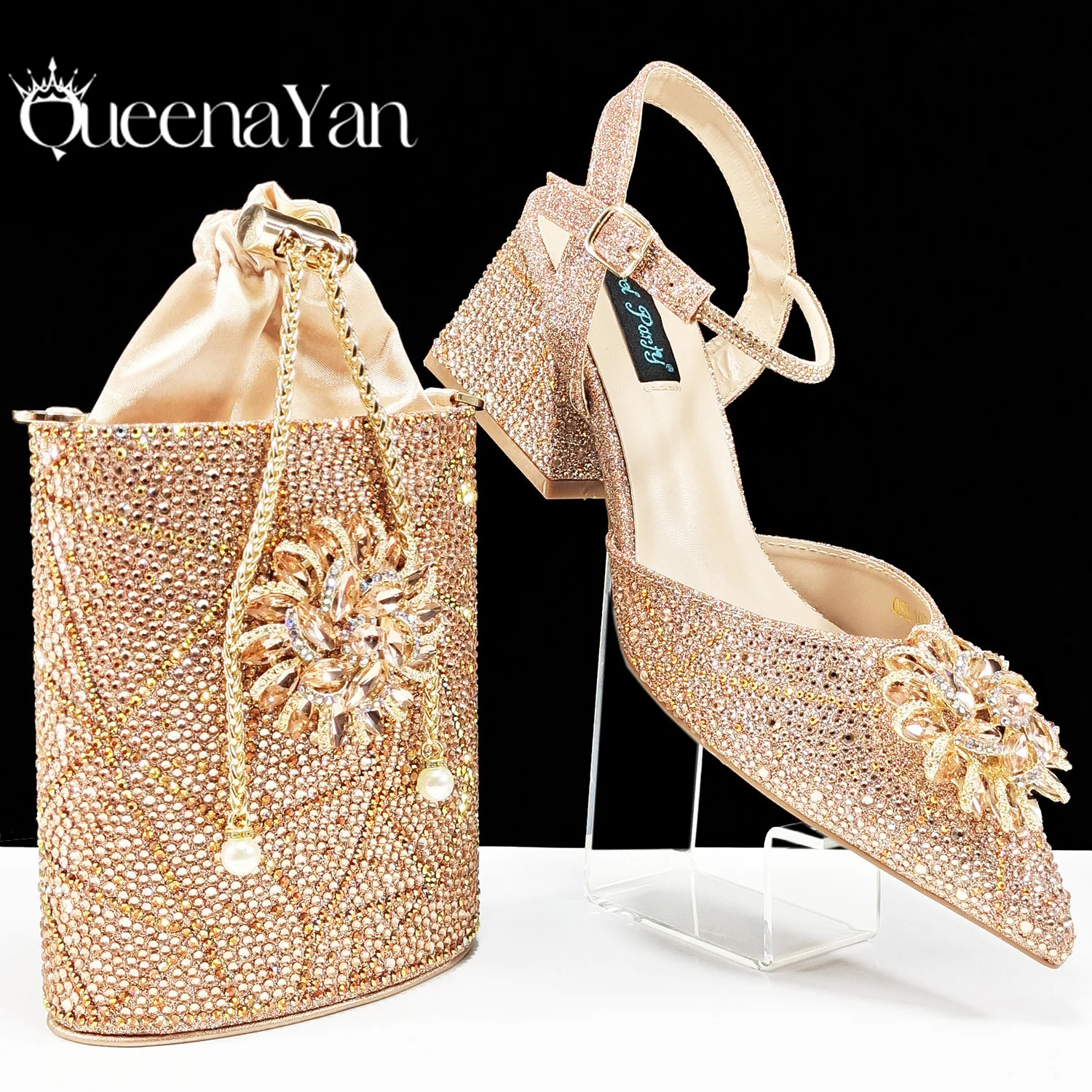 QSGFC Fashion Design High-end Women's Shoes with Diamond Oval Stand Bag Women's High Heels for Special Day or Work