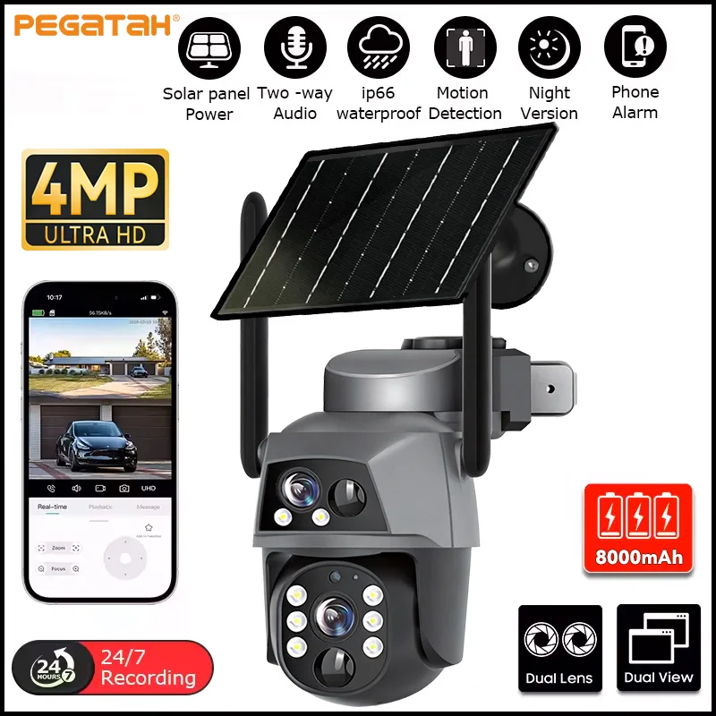 

8MP 4G / WiFi Solar Camera Dual Lenses Outdoor 4K Low Power Battery IP Camera PIR Night Vision CCTV Security Protection