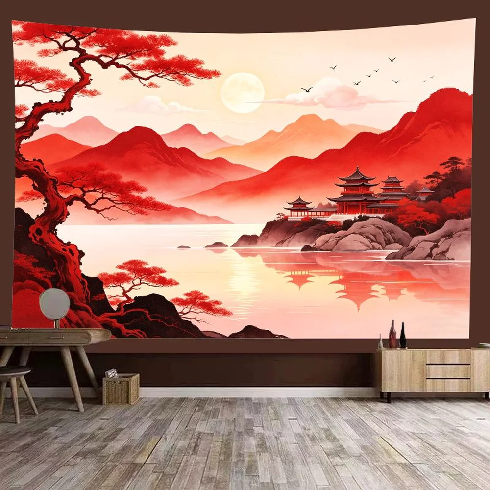 VIKAMA Oriental Sunset Tapestry – Red Pavilion, Autumn Forest, Moonlight Lake View Home Decor​