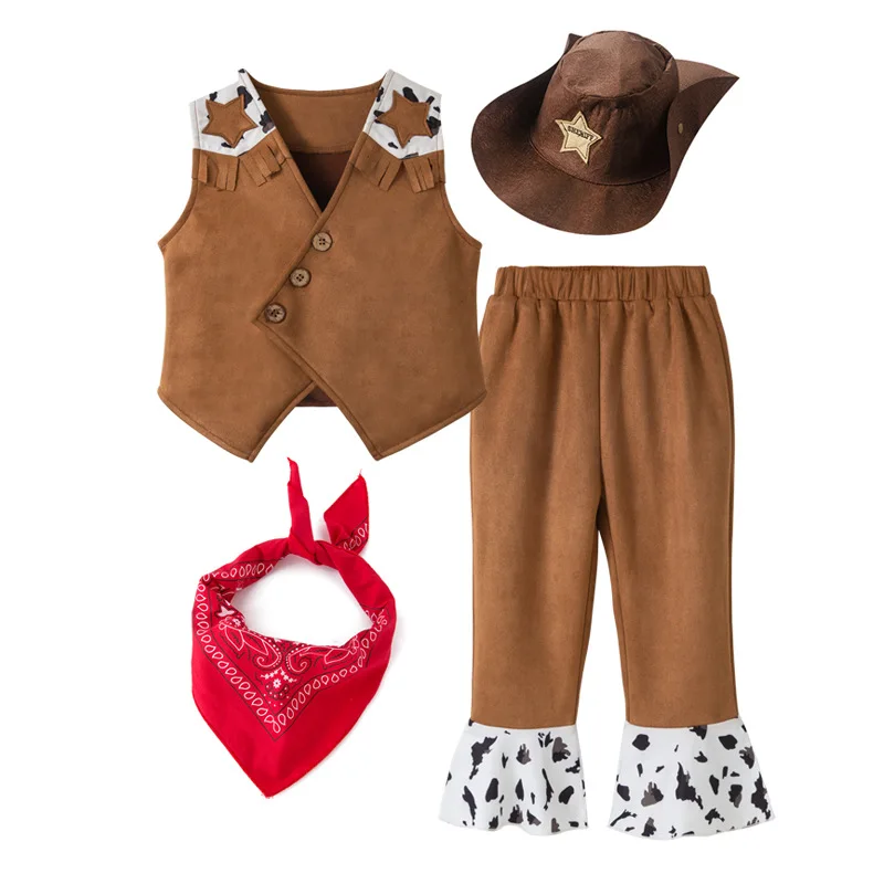 

Baby Cosplay Clothes~ Western Cowboy Style Boy Vest Set with Cap & Triangle Towel /Cool Bodysuit/4-piece Baby Set 3508