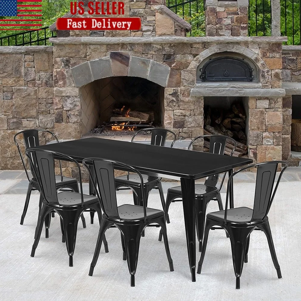 

Commercial Rectangular Black Metal Table Set with Six Stackable Chairs Perfect Indoor Outdoor Use