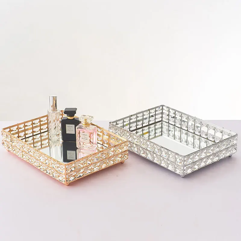 Crystal Mirrored Cosmetic Tray Organiser Metal Decorative Vanity Tray Plate Holder for Perfume Cosmetics Makeup Storage