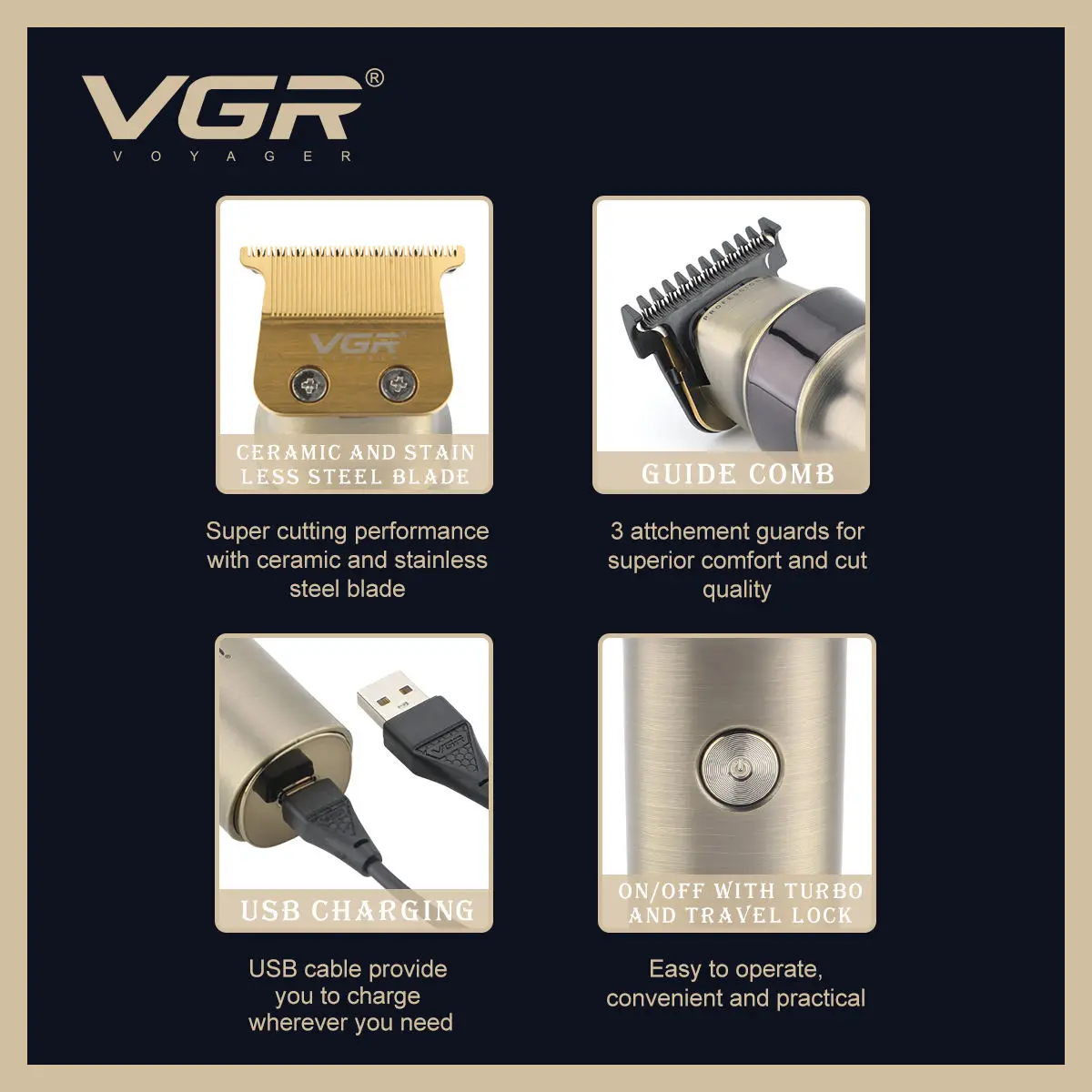 VGR 991 ماكينة تشذيب الشعر الاحترافية LED ماكينة قص الشعر القابلة لإعادة الشحن ماكينة حلاقة بقفل السفر ماكينة تشذيب كهربائية للرجال