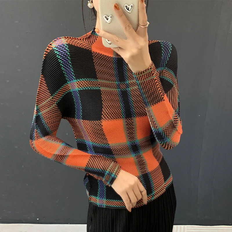 

Miyake Fold 206 New Fashion Top Women's Long Sleeve Half High Collar Abstract Printed T-shirt Fashion Base Shirt