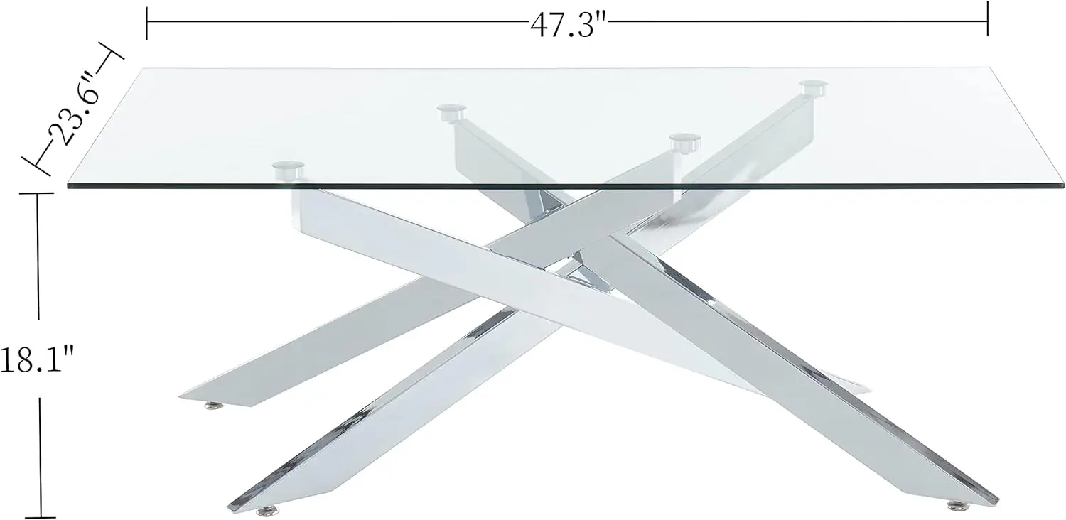 Rectangle Modern Coffee Table, Tempered Glass Top and Metal Tubular Leg, 47.3”Lx23.6”Wx18.1”H