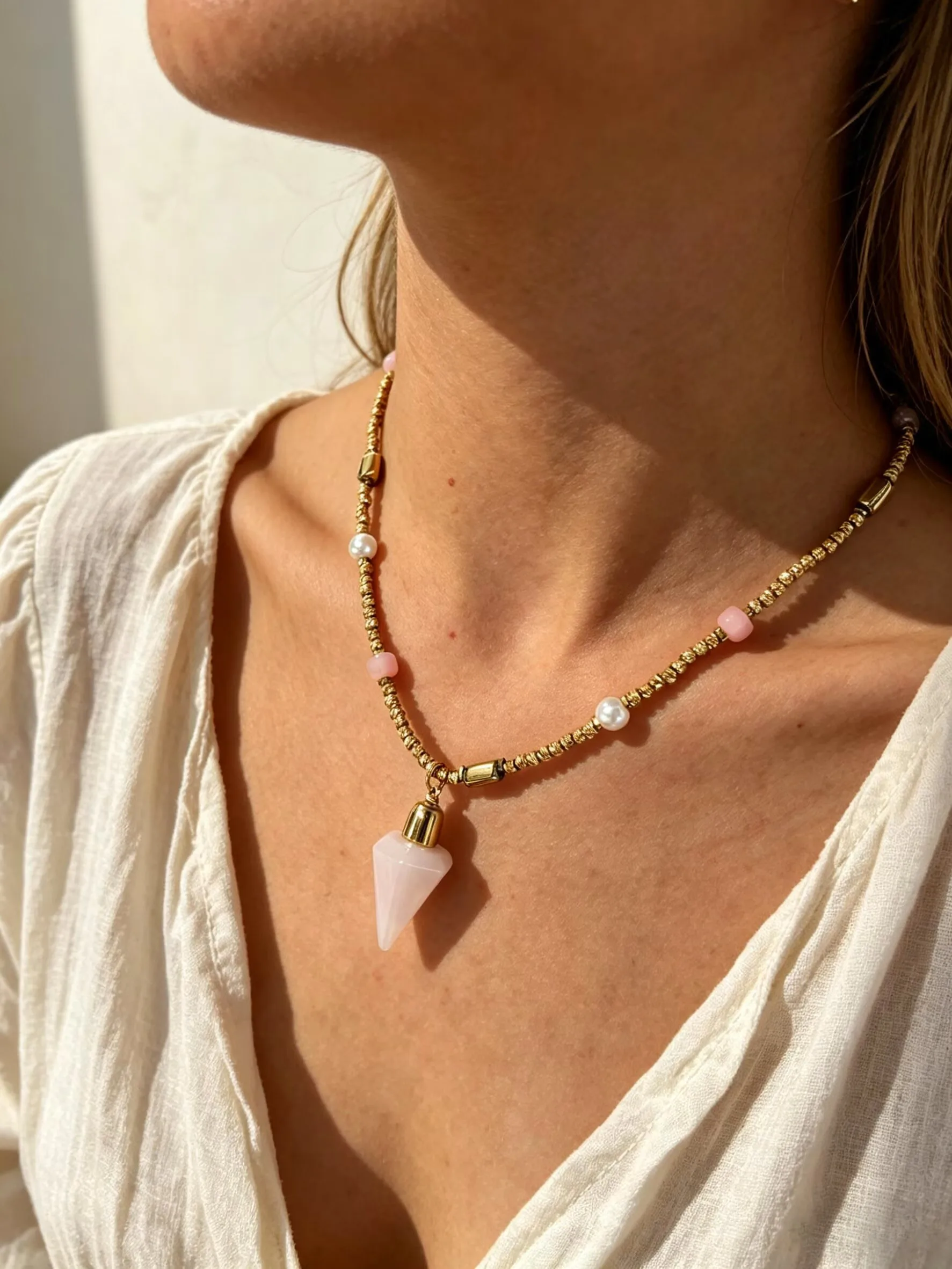 Peri'sbox New Hexagonal Column Pink Crystal Pendant Imitation Pearl Natural Stone Handmade Beaded Women Stainless Steel Jewelrys