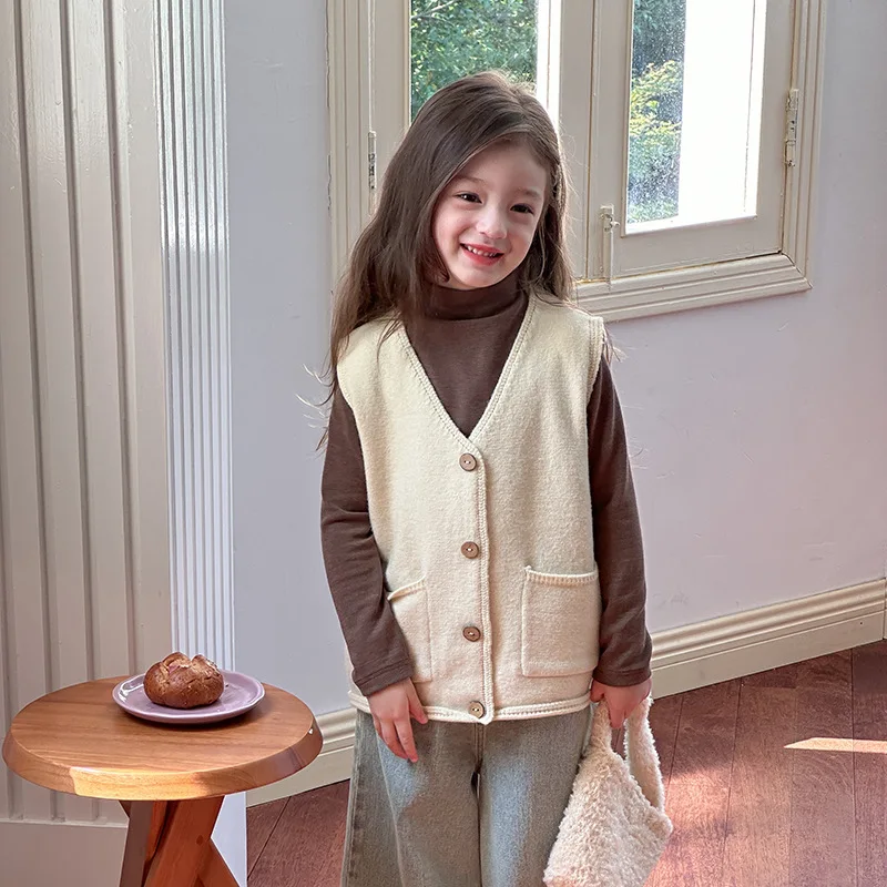 Children Clothes Girls Temperament Korean Style Casual Sweater Vest Autumn Warm Solid Color Casual Simple Knit Cardigan Vest image 4