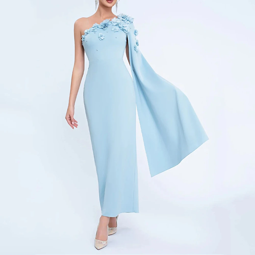 

Arya Небесно-голубые элегантные вечерние платья из джерси длиной до пола, платье для выпускного вечера на одно плечо с цветком, Vestidos De Fiesta по индивидуальному заказу