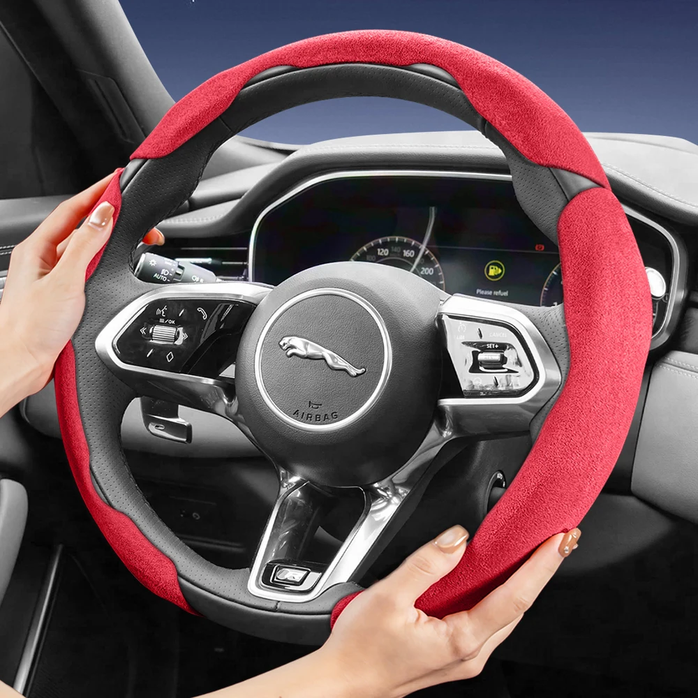 

Suitable for Jaguar Sports Suede Steering Wheel Cover, Split Snap-On Style, Non-Slip and Durable, for Models Such as F-Pace, E-Pace, I-Pace, F-Type, Xf, Etc., in Black, Brown, Mocha, Orange, Red, Green