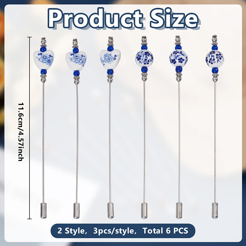 6Pcs Blue and White Porcelain Hat Pin 4.5 Inch Flower Bead Lapel Stick Pin Brass Decorative Long Needle Pins for Hat Tie Scarf